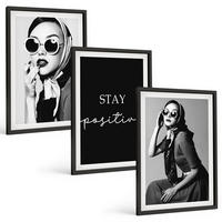 BILDER SET 3er Set - 40x60 cm Schwarzer Rahmen - Stilvolle Porträts von Frauen mit Brille - Schwarz, Kunststoff (40/60cm) - TULUP