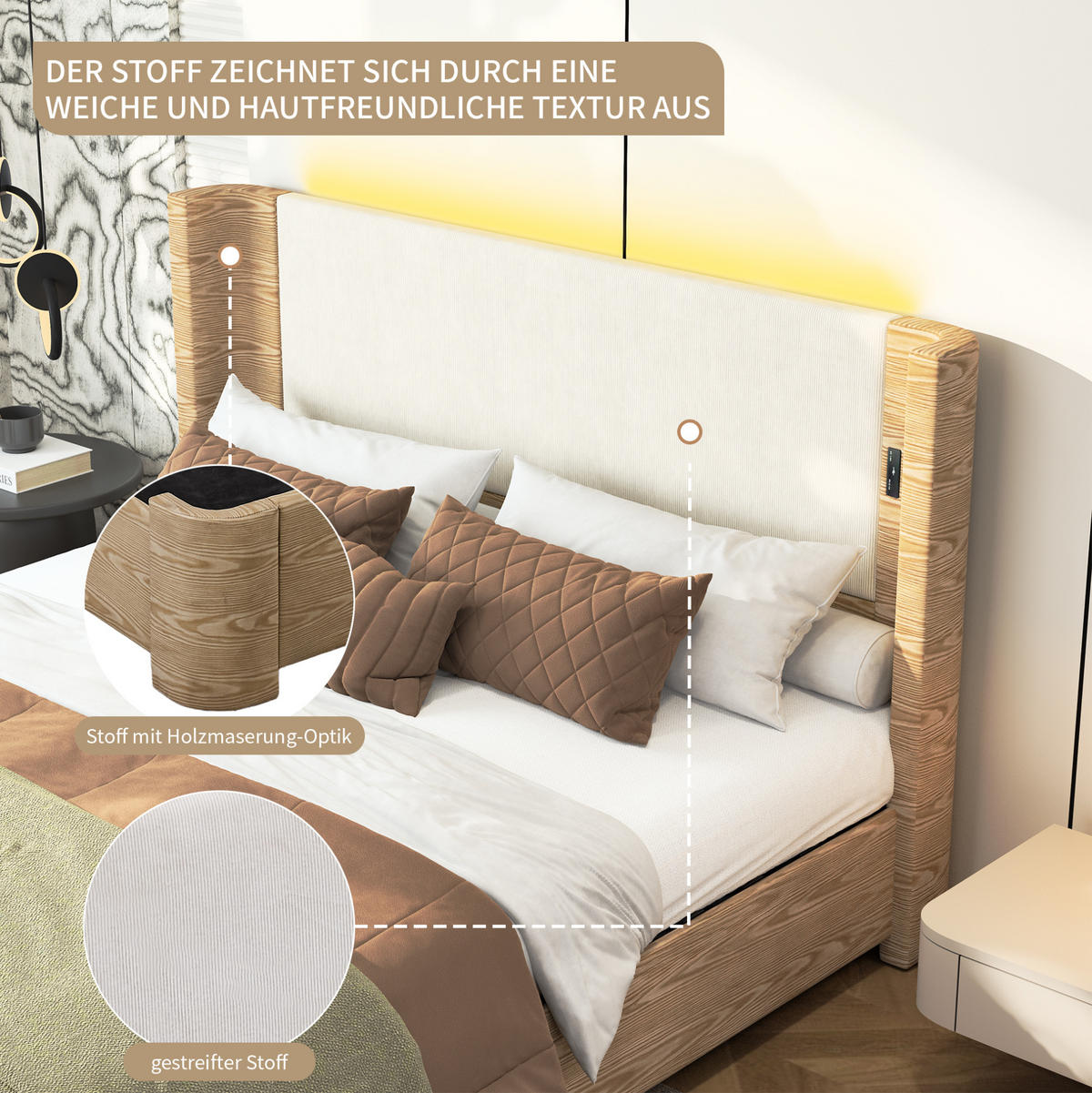 POLSTERBETT 180x200 cm in Beige mit LED-Beleuchtung und Gasdruckfeder - Beige, Textil (180/200cm) - IVMEU