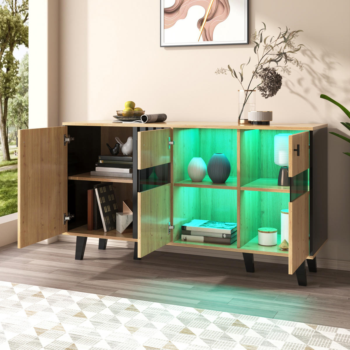SIDEBOARD 140/41/78,5 cm Natur/Schwarz aus Glas und Spanplatte mit LED - Naturfarben, Holzwerkstoff (140/78/41cm) - OKWISH