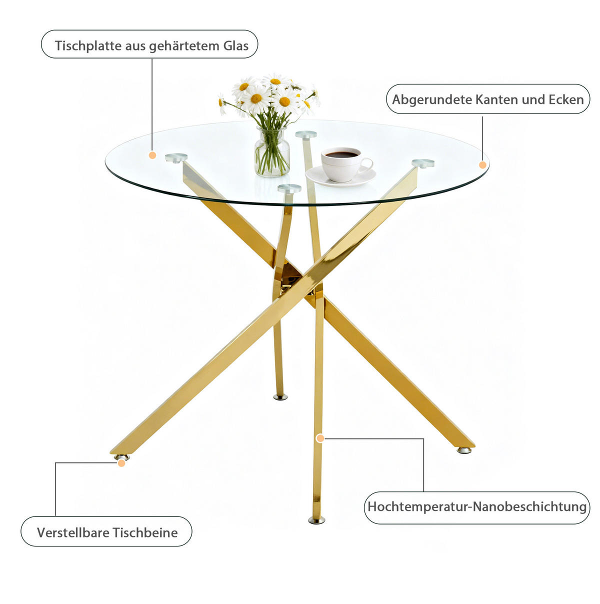 ESSTISCH 80/80/76 cm mit Tischplatte aus gehärtetem Glas und Kreuzgestell, Metall/Glas, Gold - Goldfarben, Metall (80/80/76cm) - Redom