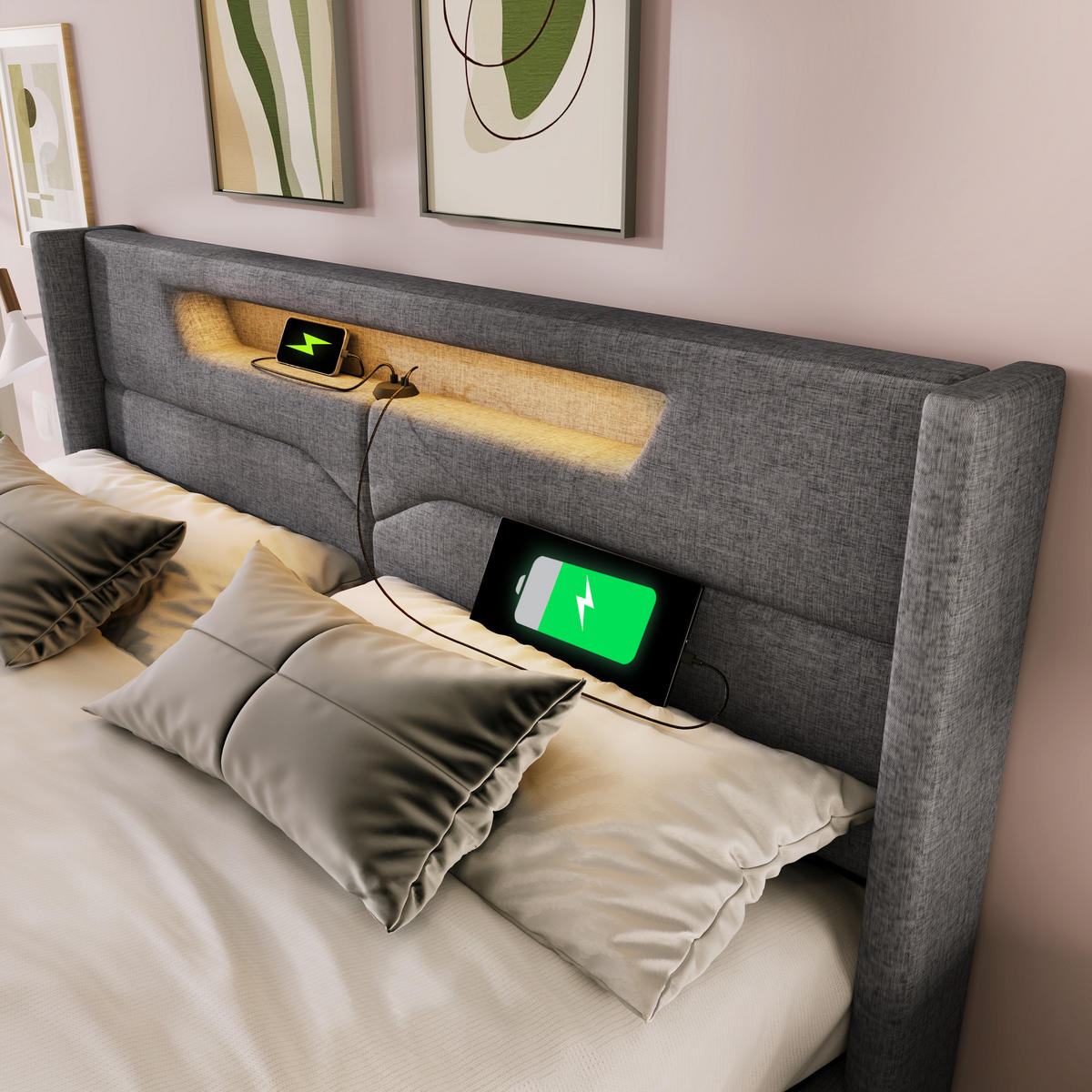 POLSTERBETT 160/200 cm Grau mit USB- und Type-C-Anschlüssen und LED-Beleuchtung Mit Matratze - Grau, Textil (160/200cm) - OKWISH