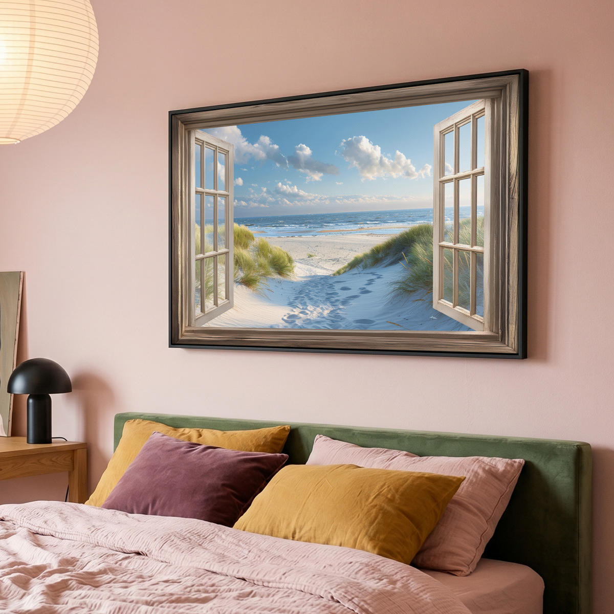 LEINWAND Bilder mit Rahmen - Aussicht - Strand - Fenster - Dünen - Meer - 120x80 - Hellblau, Textil (120/80cm) - MuchoWow