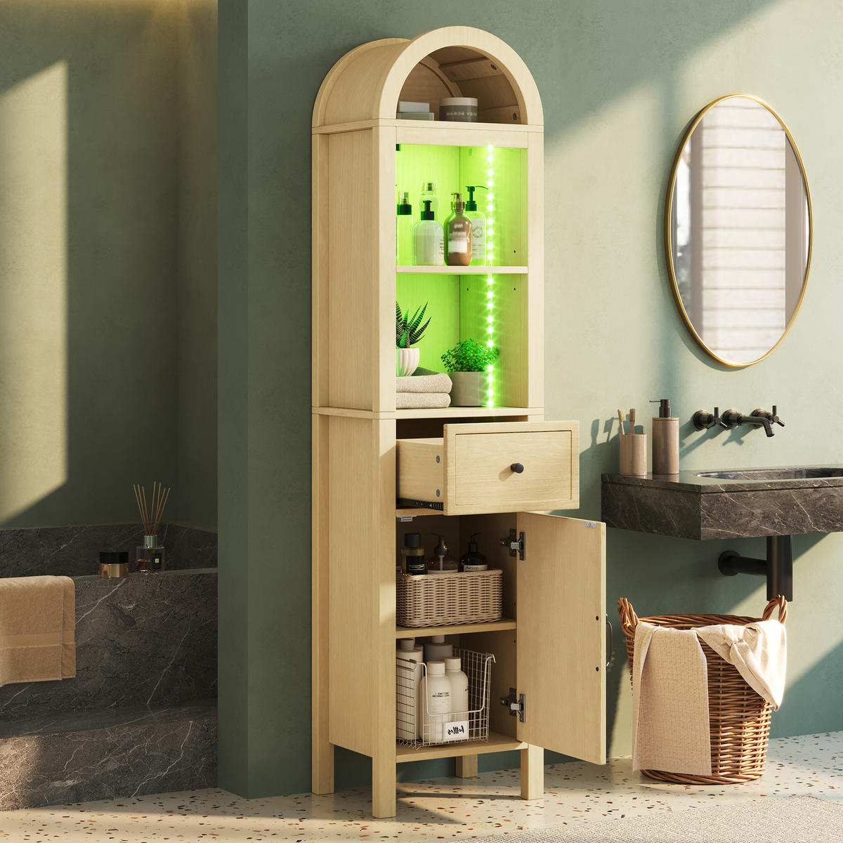 HOCHSCHRANK 40/30/163 cm Naturholz mit 1 Schubladen und LED - Naturfarben, Holz/Holzwerkstoff (30/163/40cm) - Oxeza