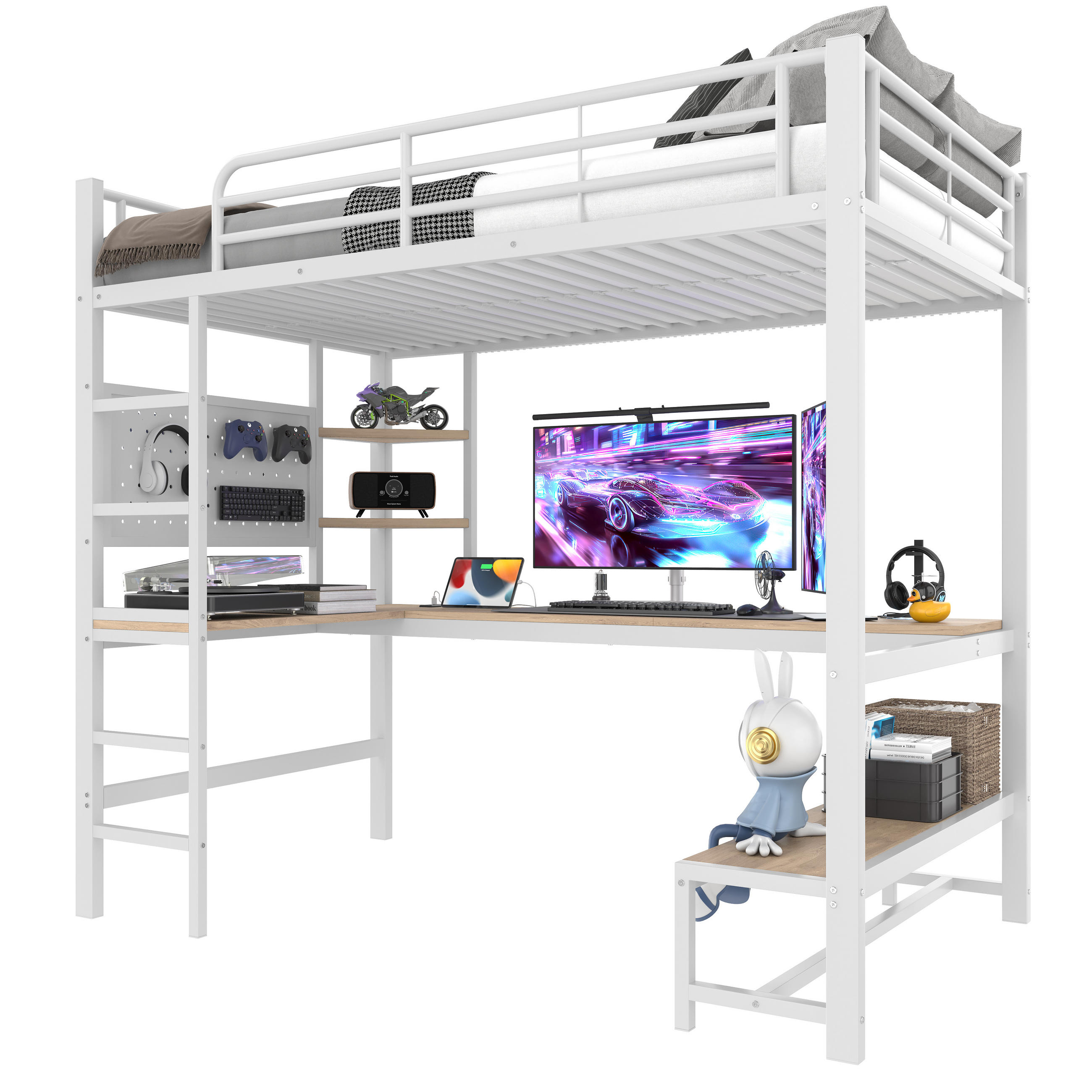 HOCHBETT 90x200cm Weiß Metall Schreibtisch LED-Licht USB-C - Weiß, Metall (90/200cm) - FLIEKS