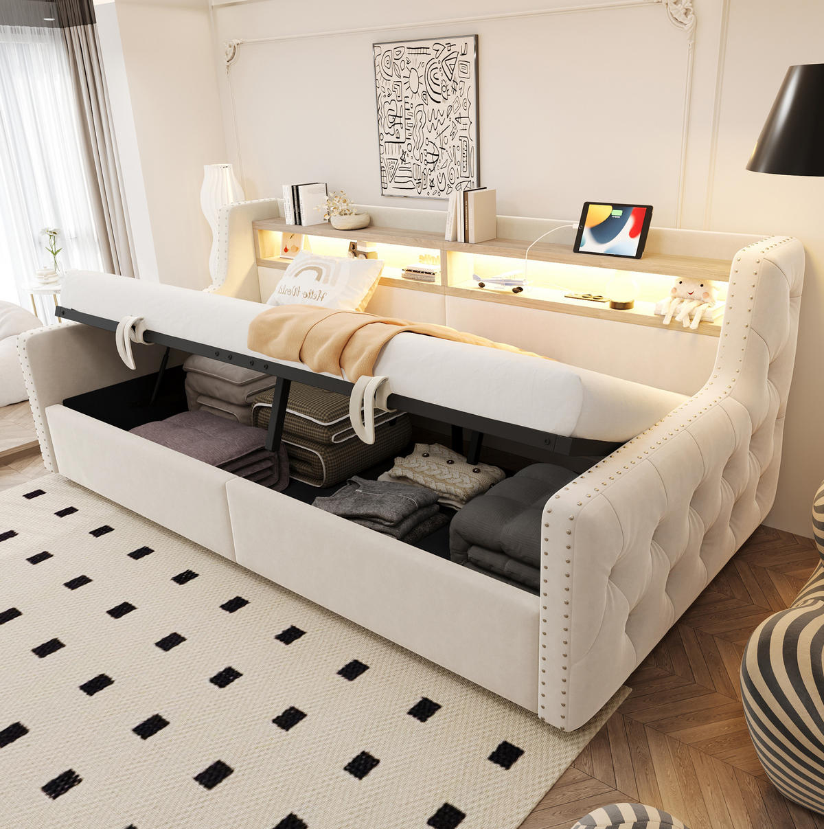 POLSTERBETT 90/200 cm aus Samt mit LED, Stauraum und Lattenrost Beige - Beige, Textil (90/200cm) - Modenvie