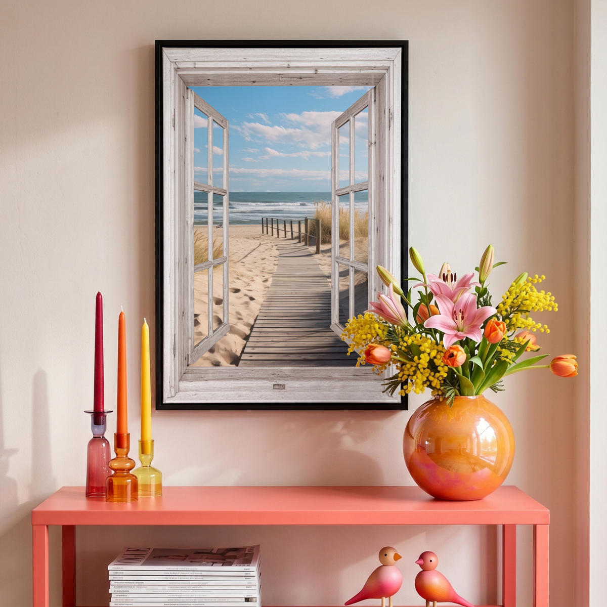 LEINWAND Bilder mit Rahmen - Fenster - Meer - Küste - Natur - Ausblick - Strand - Wattenmeer - 40x60 - Beige, Textil (40/60cm) - MuchoWow