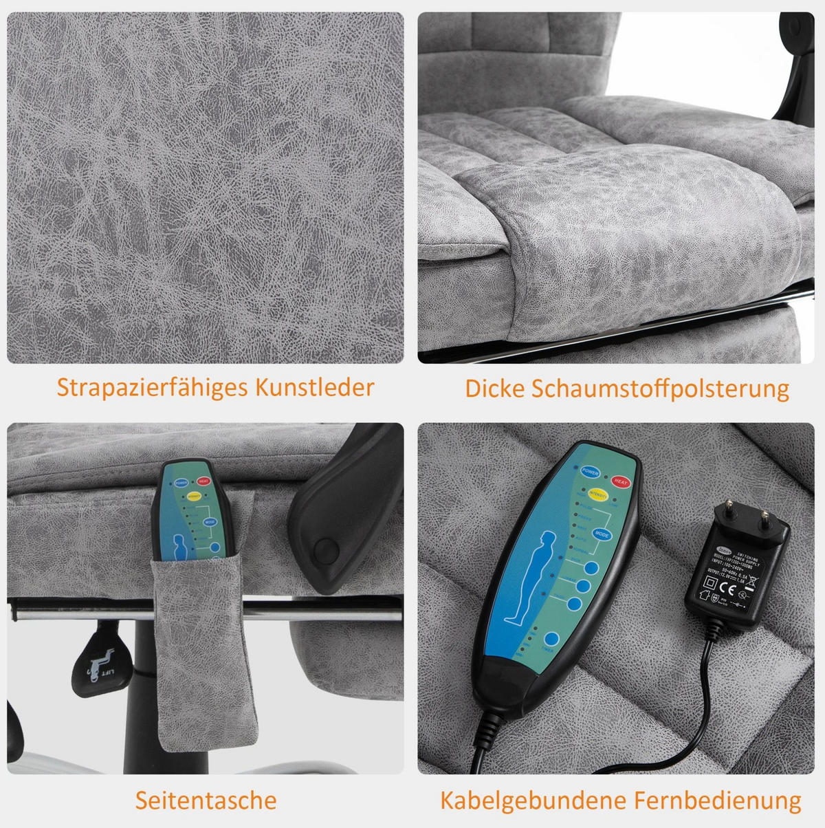 DREHSTUHL 67/62/113-120 cm in Grau mit Massage- und Heizfunktion - Grau, Kunststoff (67/113/62cm) - Flora Grace