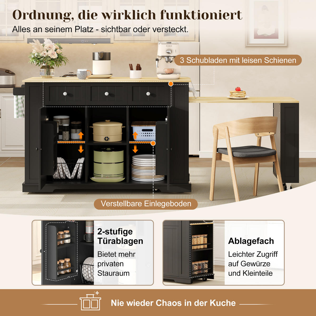 KÜCHENINSEL DE-41367 138-213/55/93 cm, ausziehbarer Esstisch Schwarz - Schwarz, Holzwerkstoff (138/93/55cm) - ComfortXL