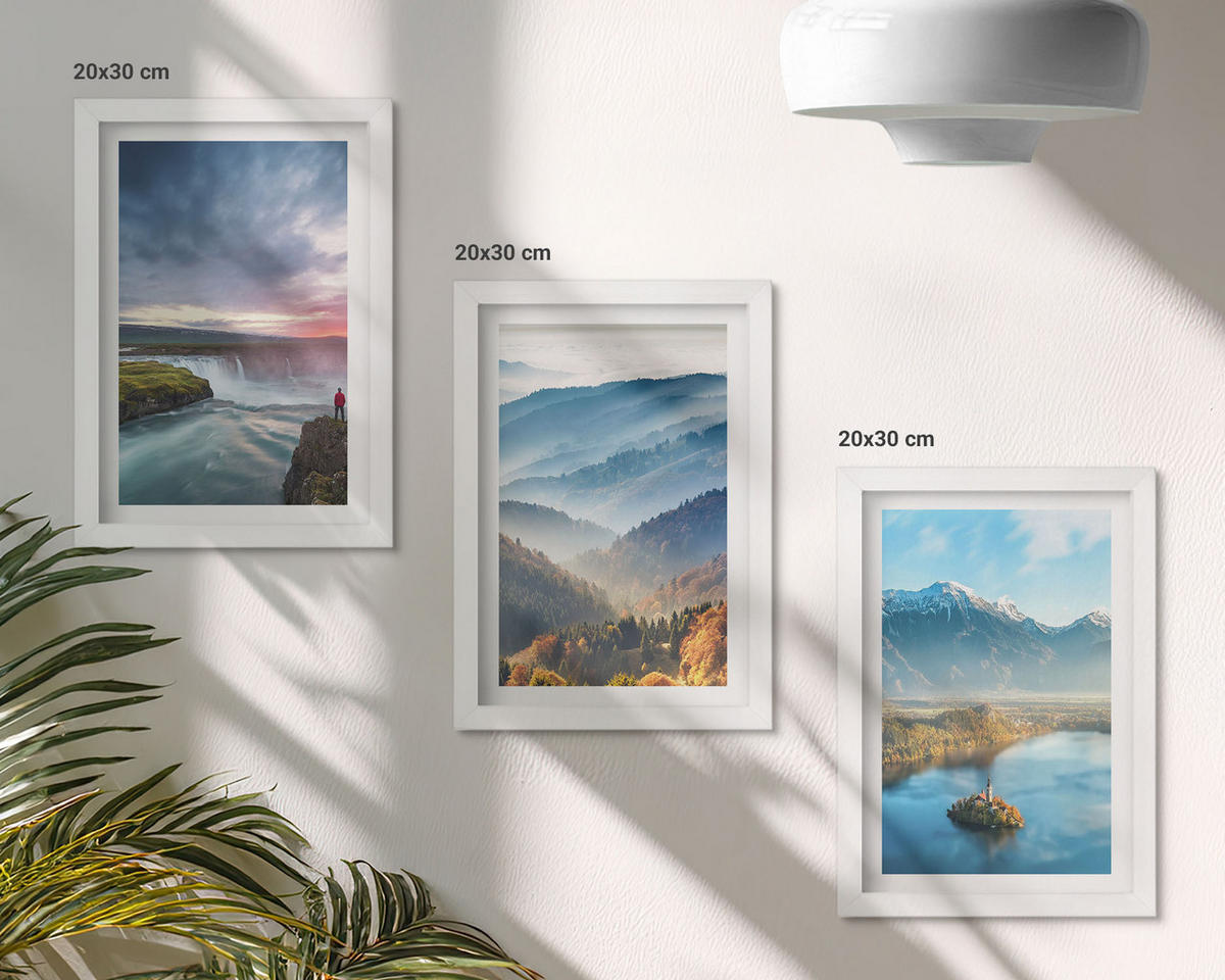 WANDBILDER 3er-Set - 20x30 cm Weißer Rahmen - Berglandschaften, Wasserfälle - Weiß, Kunststoff (20/30cm) - ArtPrintCave
