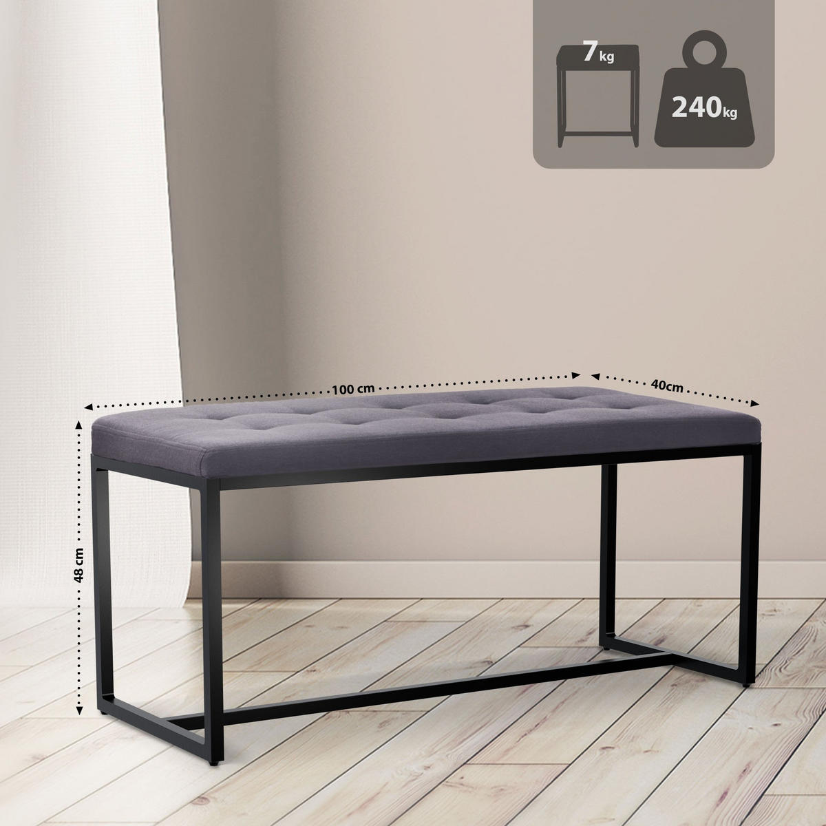 SITZBANK 100/40 cm Stoff dunkelgrau - Dunkelgrau/Schwarz, Textil/Metall (100/48/40cm) - CLP