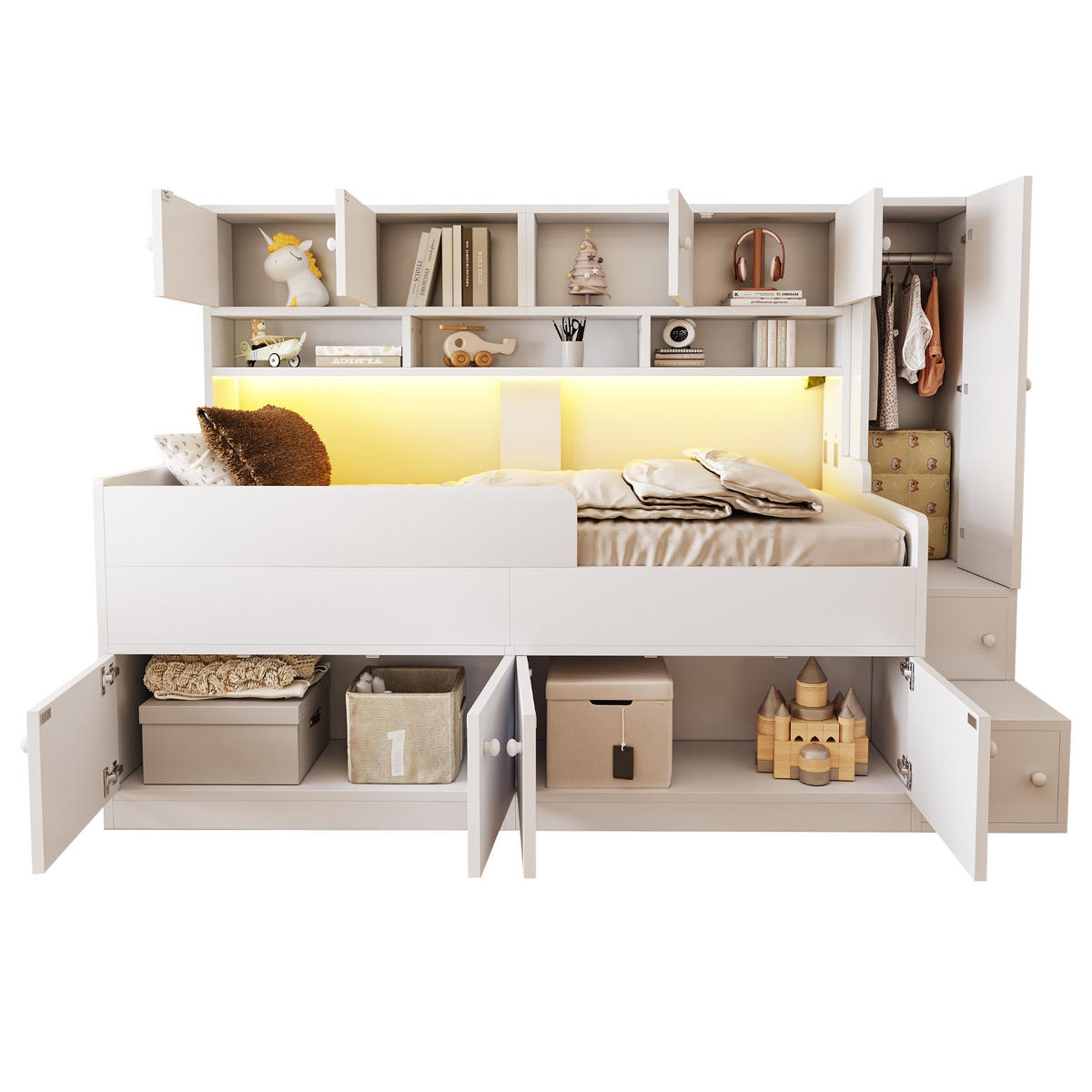 HOCHBETT 90x200 Weiß Holz Schrank LED Stauraum - Weiß, Holz (90/200cm) - FLIEKS