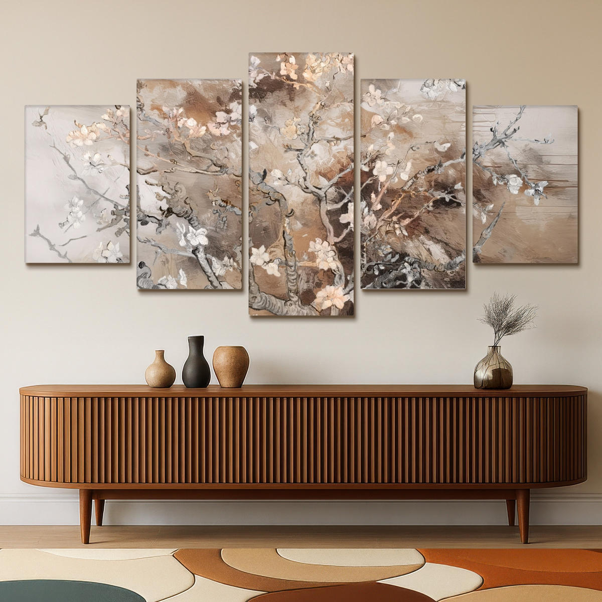 LEINWANDBILD 5er Set Mandelblüte - Abstrakt - Beige 200x100 cm - Beige, Textil (200/100cm) - MuchoWow