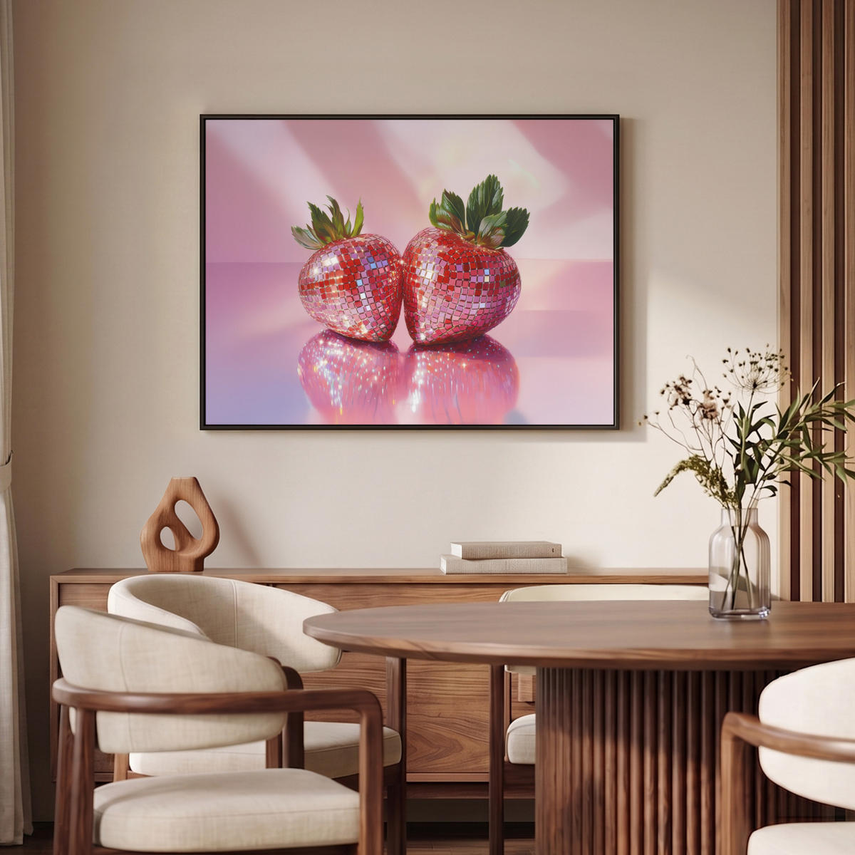 LEINWAND Bilder mit Rahmen - Disco - Obst - Glitzer - Erdbeere - 100x70 - Pink, Textil (100/70cm) - MuchoWow