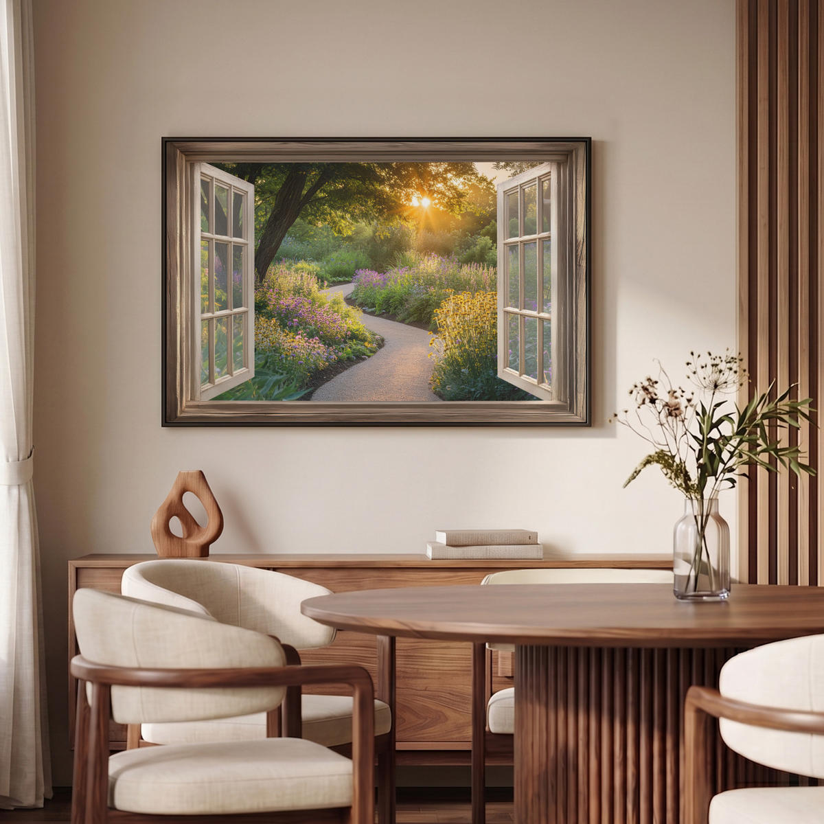 LEINWAND Bilder mit Rahmen - Aussicht - Blumen - Natur - Sonne - Weg - 90x60 - Hellgelb, Textil (90/60cm) - MuchoWow