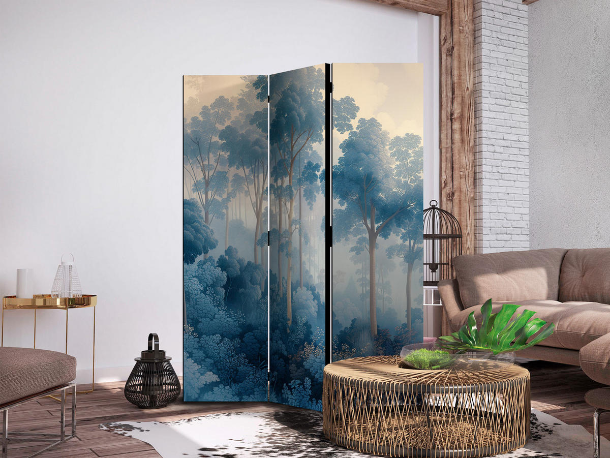 PARAVENT Beidseitig Bedruckter 3-tlg 135x172 cm Blauer Wald im Nebel - Blau, Holz/Textil (135/172/3cm) - Muralo
