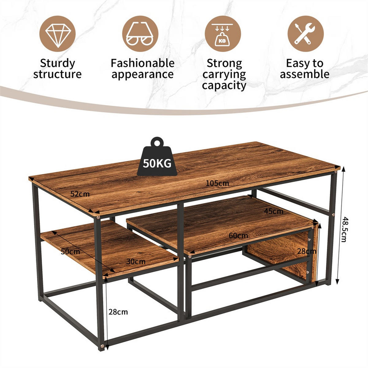 COUCHTISCH Rechteckig - Couchtisch mit Tischplatte in Holzmaserung und schwarzem Metallgestell - Braun und Schwarz - Braun, Holzwerkstoff (52/105/48.5cm) - DELFA