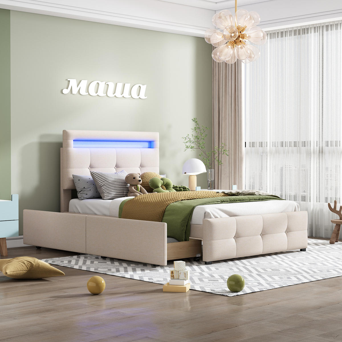 POLSTERBETT mit LED-Beleuchtung 90/200 cm in Beige mit 2 Schubladen - Beige, Holzwerkstoff (90/200cm) - BEAOK