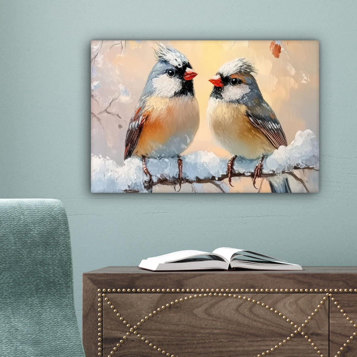 LEINWANDBILD Vögel - Zweig - Winter - Schnee 30x20 cm - Pastellblau, Textil (30/20cm) - MuchoWow