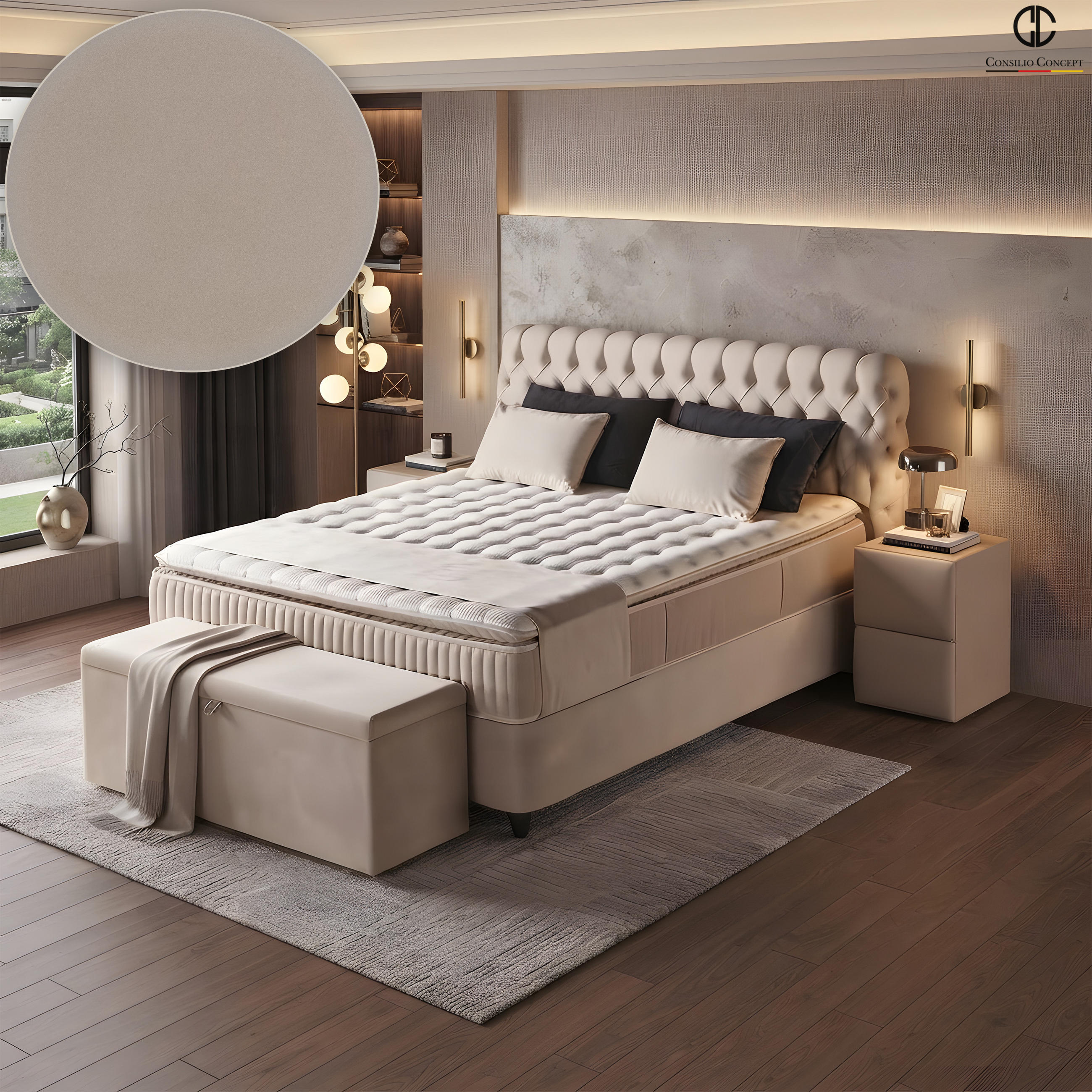 BOXSPRINGBETT MIT BETTKASTEN SIENA 180/200 cm, Beige, Bettkasten, Matratze, Topper integriert, H3 mittel, 7-Zonen Matratze - Beige/Schwarz, Holz/Kunststoff (180/200cm) - Consilio Concept