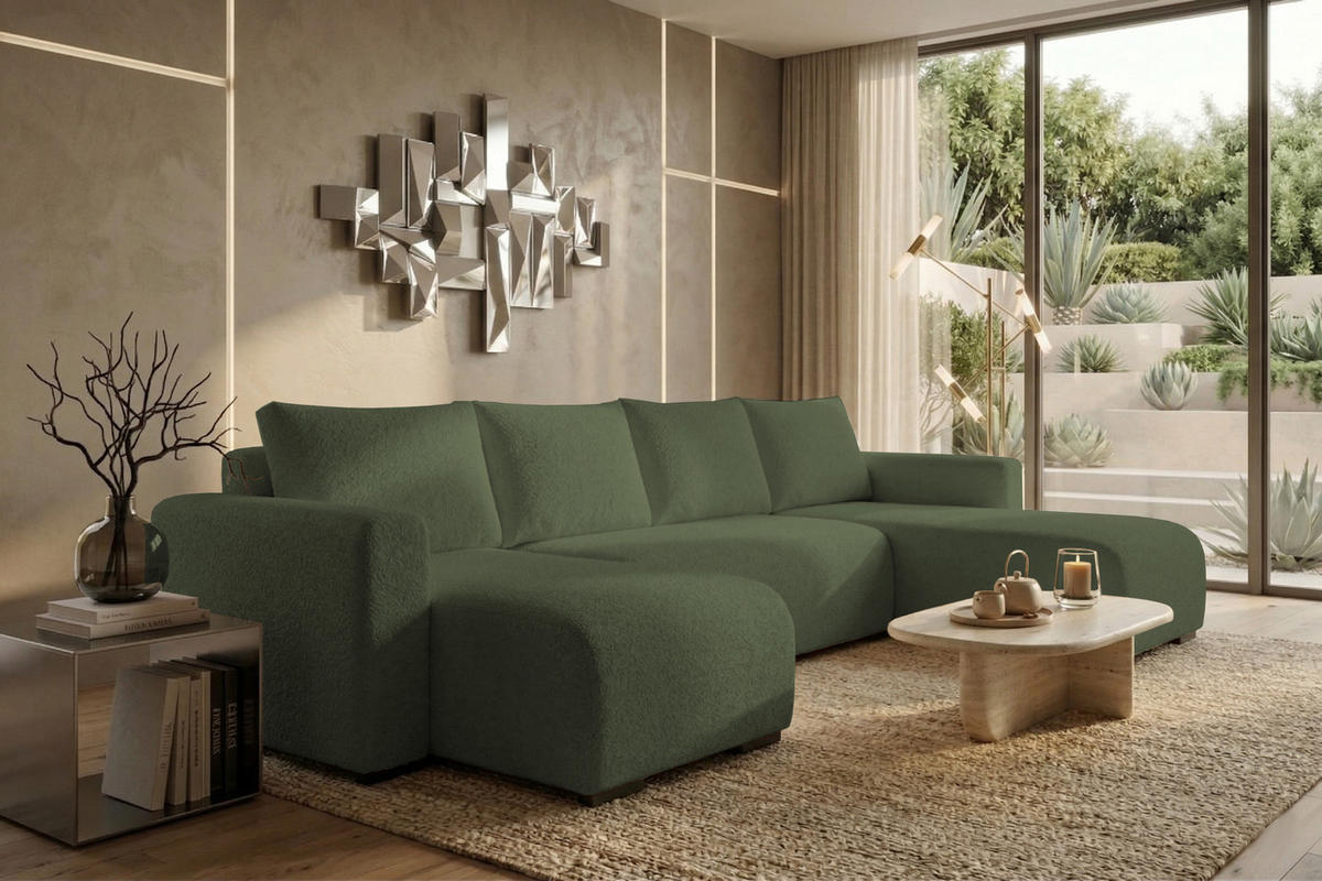 WOHNLANDSCHAFT DORA U mit Bettkasten und Schlaffunktion, U-Form, bequem - Grün, Textil (305/85/140cm) - Storez24