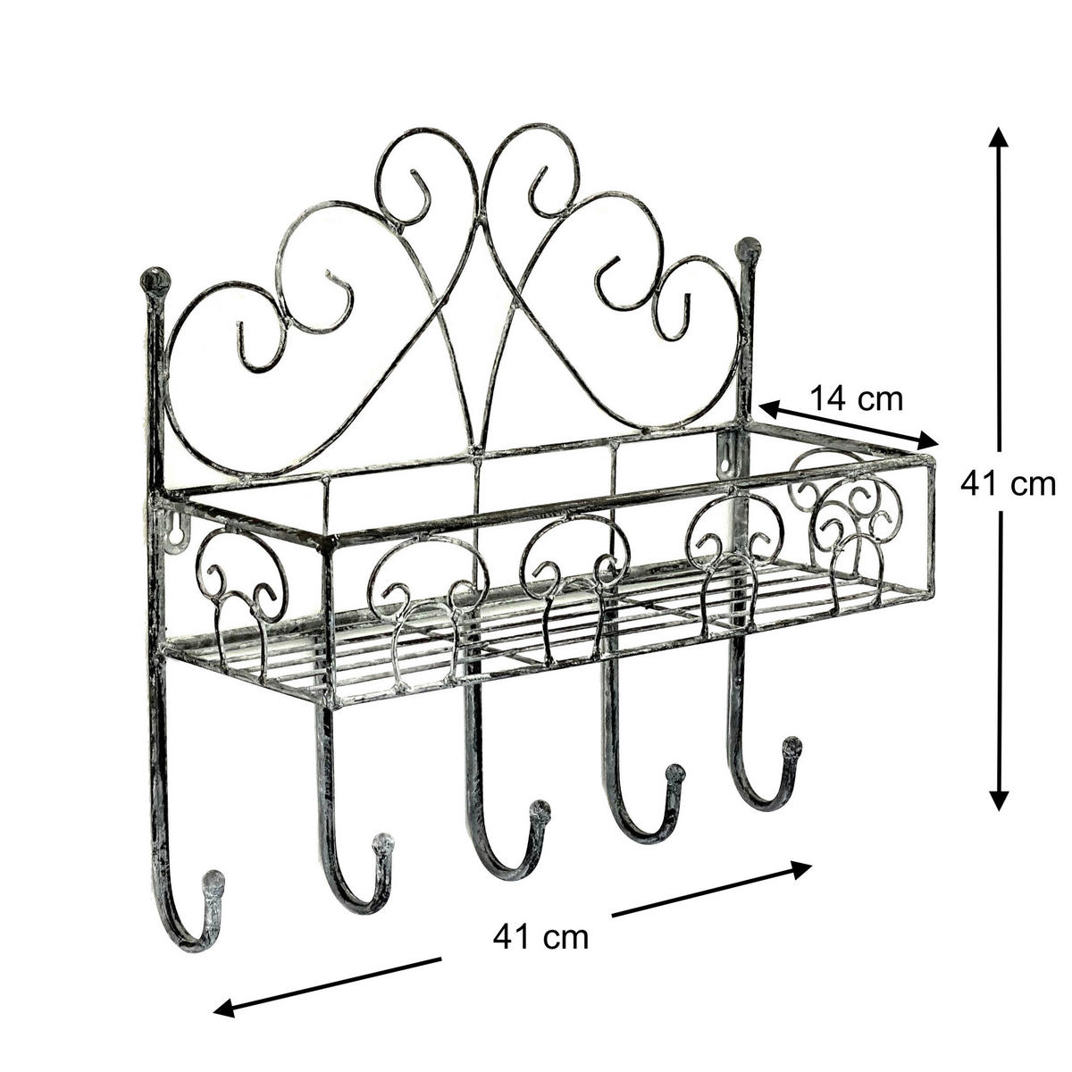 WANDREGAL mit 5 Haken Metall Grau 41 cm 96010 - Grau, Metall (41/41/15cm) - DanDiBo