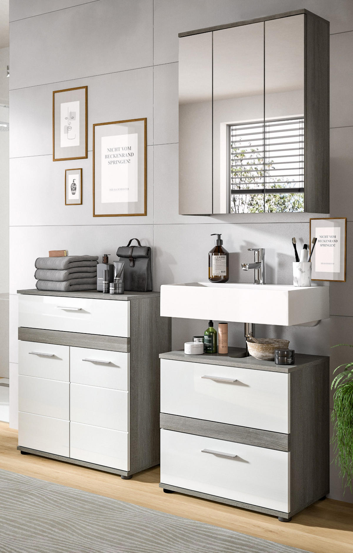 BADMÖBEL-SET 3-teilig weiß Hochglanz, grau 146 cm, Kombination mit viel Stauraum - Weiß Hochglanz/Grau, Holzwerkstoff (146/191/34cm) - Inn.Furn