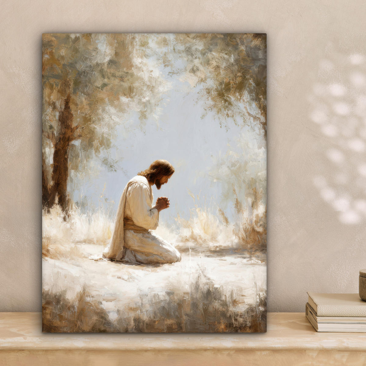 LEINWANDBILD Jesus - Kniend - Waldlandschaft - Betend Room Decor 30x40 cm - Beige/Hellblau, Textil (30/40cm) - MuchoWow