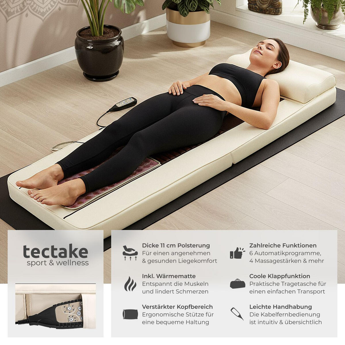 SHIATSU-MASSAGEMATRATZE ,186,5 x 60 x 11 cm,beige - Beige, Textil (60/11/186.5cm) - tectake