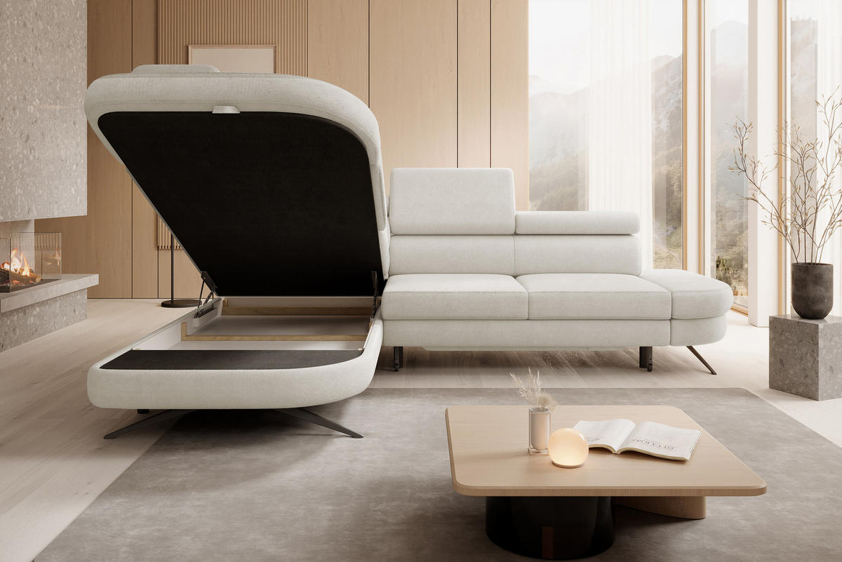 ECKSOFA OTIS L-förm, Schlaffunktion, verstellbare Kopfstützen, in AURORA-Stoff, lose Rückenkissen, freistehend, LINKS 218x276x97 cm White - Weiß, Holz/Textil (218/276cm) - DomoHome