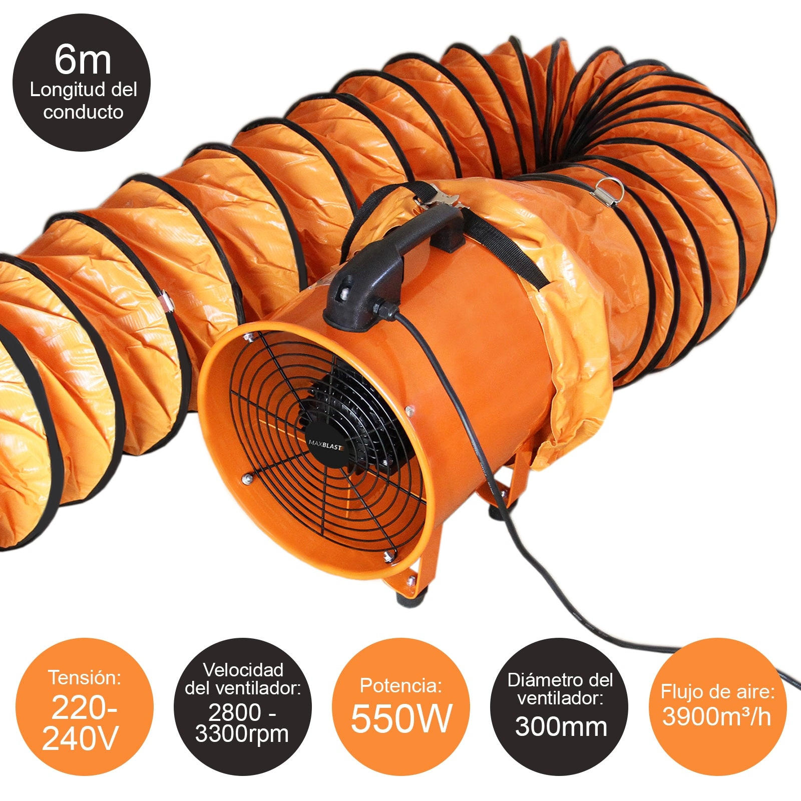 INDUSTRIEVENTILATOR Profesioneller 250mm 320W - 12m Kanal - Orange, Metall (33/33/38cm) - T-Mech
