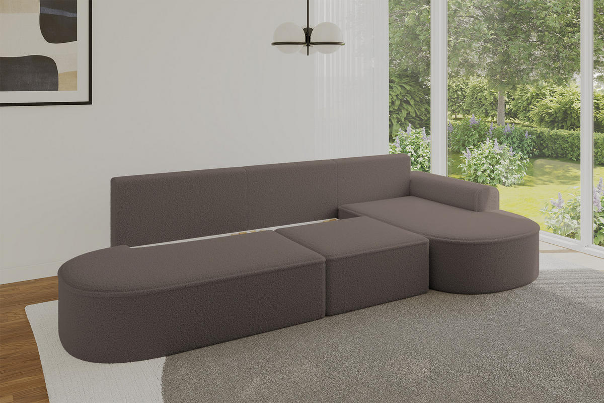 ECKSOFA mit Schlaffunktion Ottomane RECHTS MARI L2-S 368X167X85 Braun Bouclé - Schwarz/Braun, Holzwerkstoff/Kunststoff (167/368cm) - ALTDECOR