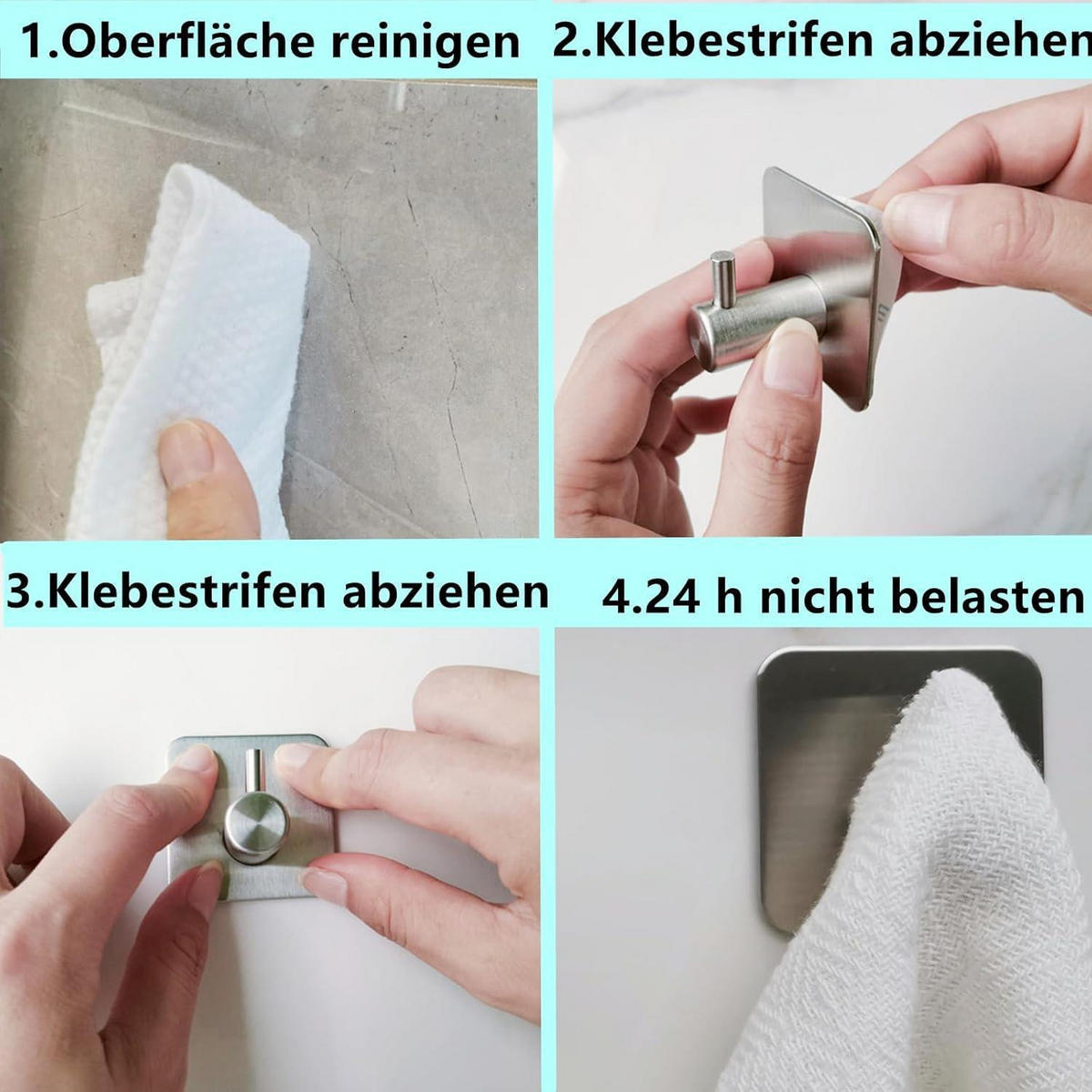 HANDTUCHHAKEN 6 Stück Set Selbstklebend Edelstahl Silber - Silberfarben, Metall (4.5/2.7/4.5cm)