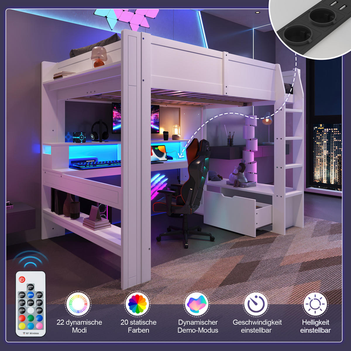 HOCHBETT 140/200 cm weiß Gaming Bett mit Schreibtisch und LED-Beleuchtung mit Matratze - Weiß, Holzwerkstoff (140/200cm) - OKWISH