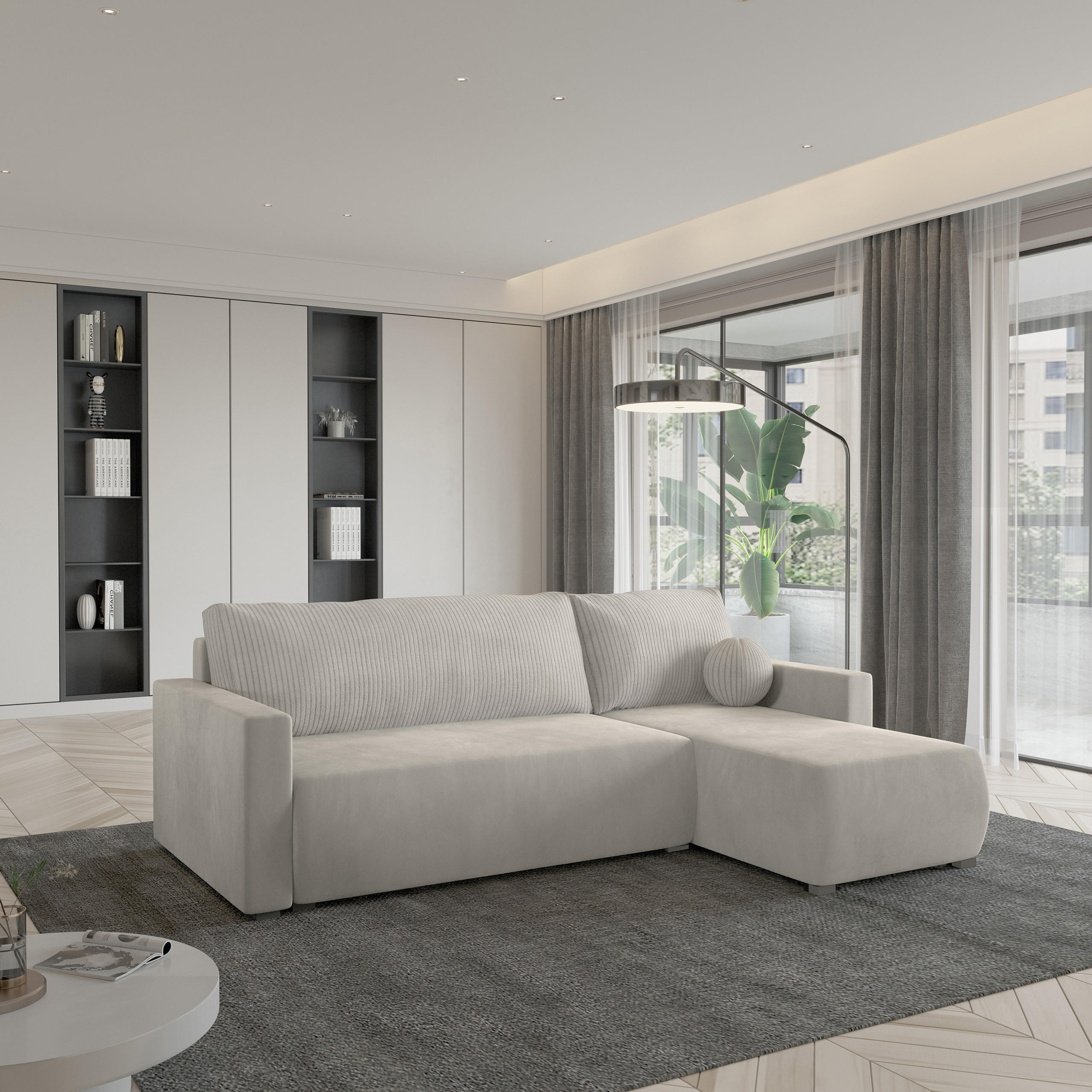 ECKSOFA SORGE Creme Plüsch-Stoff mit Schlaffunktion - Creme, Holz (220/143cm) - MASSENO