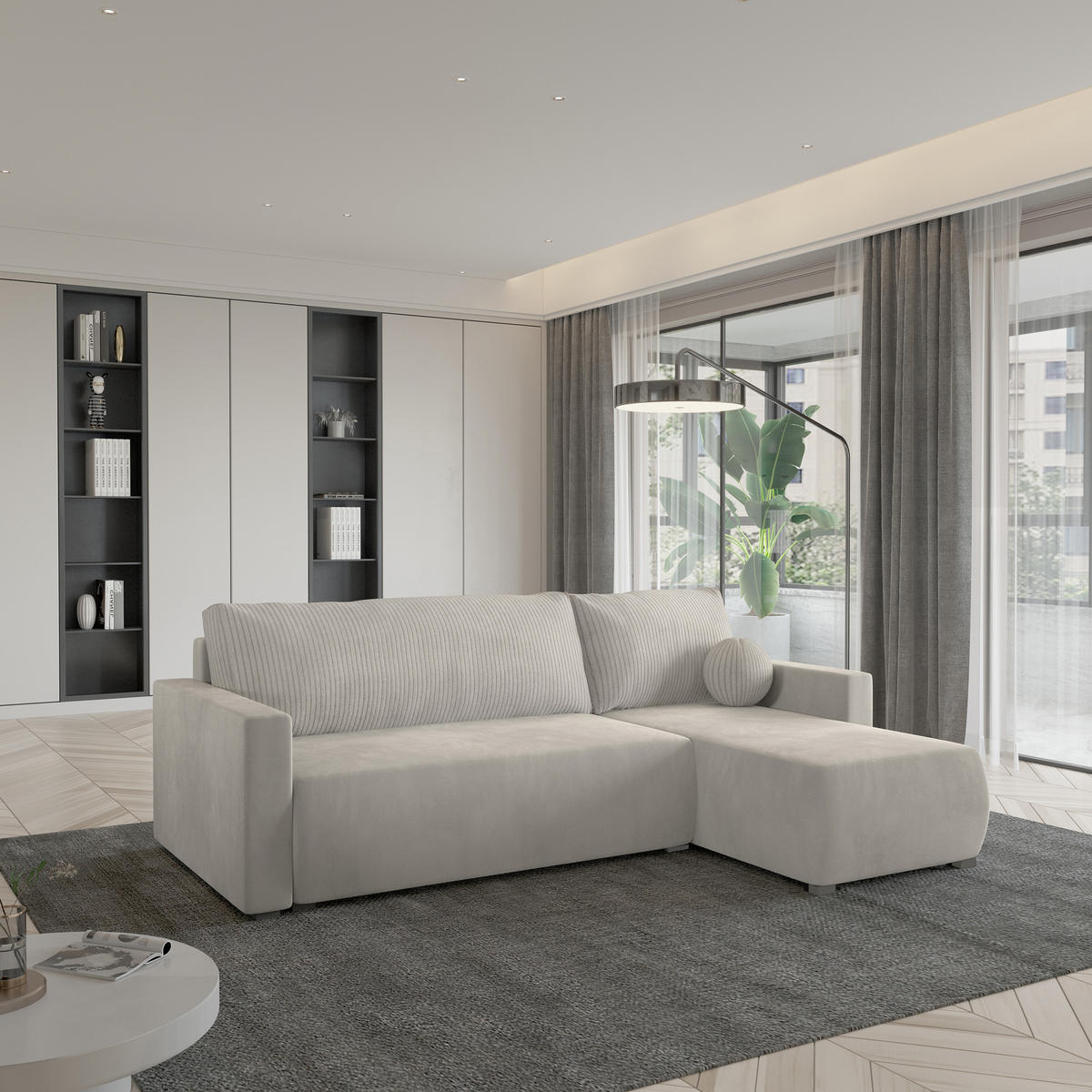 ECKSOFA SORGE Creme Plüsch-Stoff mit Schlaffunktion - Creme, Holz (220/143cm) - MASSENO