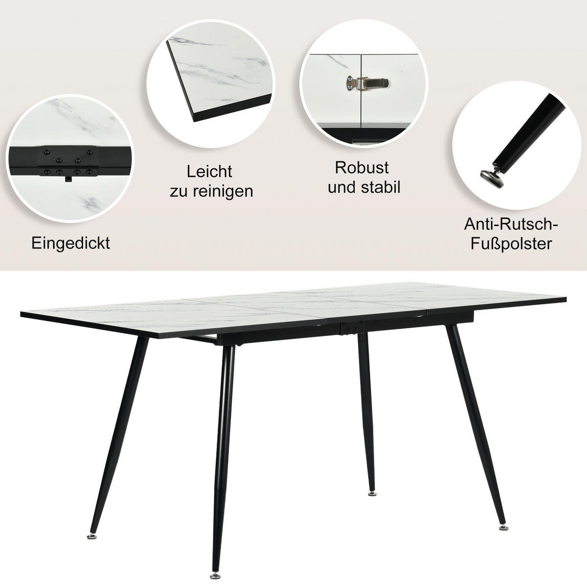 ESSTISCH Weiß Marmormuster rechteckig ausziehbar 120-160/80/75cm - Schwarz/Weiß, Holz/Metall (80/120/75cm) - Urban Meuble