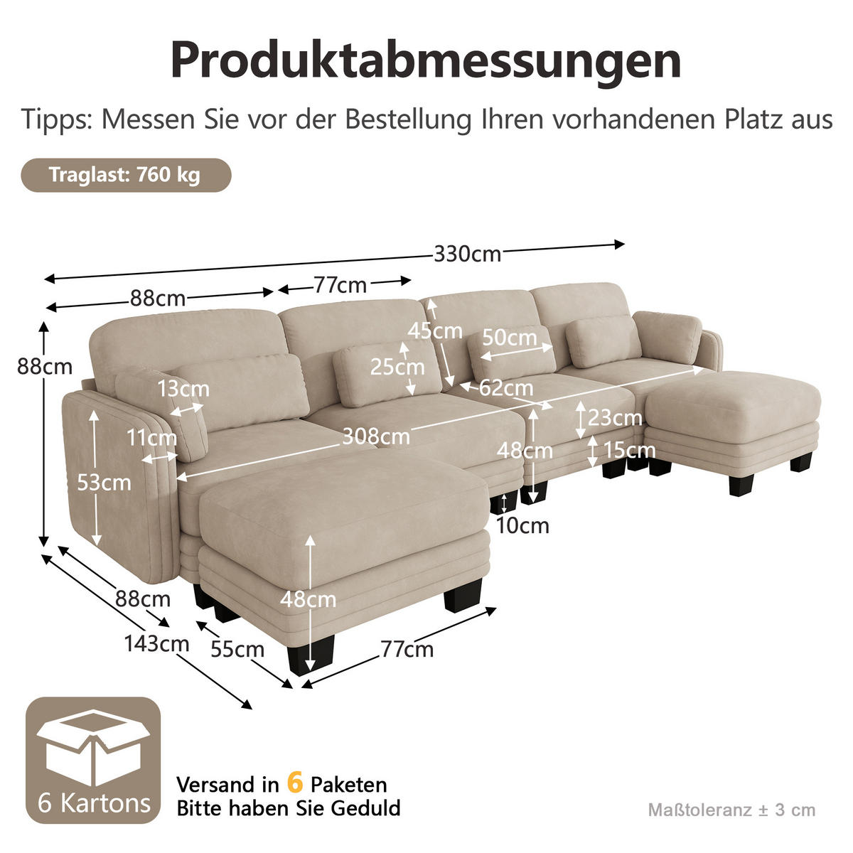 WOHNLANDSCHAFT 4-Sitzer U-Form mit 2 Ottomanen, DE-42686, Hellbraun - Hellbraun, Holz (330/88/143cm) - ComfortXL