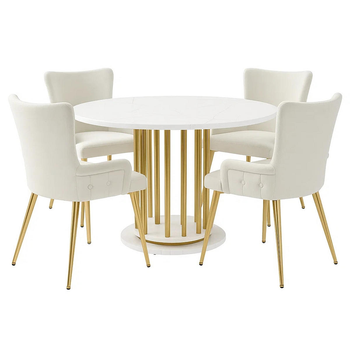 ESSTISCH SET mit 4 Stühlen, Weißer Marmoroptik und Goldene Beine - Beige, Holzwerkstoff/Textil (110/74.6/110cm) - Urban Meuble