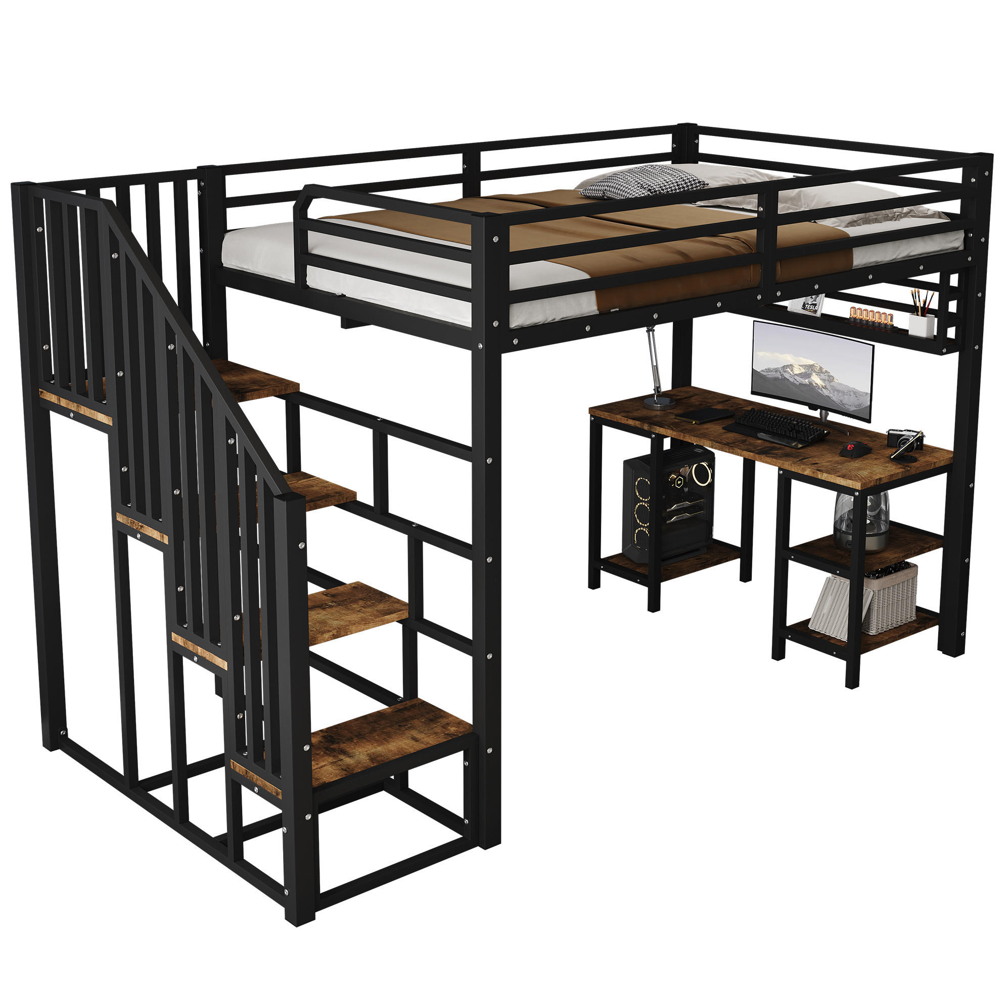 HOCHBETT 120/200 cm aus Metall mit Schreibtisch, Regal und Treppe mit Handläufen, Schwarz/Dunkle Walnuss - Schwarz, Metall (120/200cm) - Redom