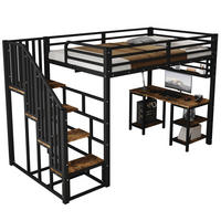 HOCHBETT 120/200 cm aus Metall mit Schreibtisch, Regal und Treppe mit Handläufen, Schwarz/Dunkle Walnuss - Schwarz, Metall (120/200cm) - Redom