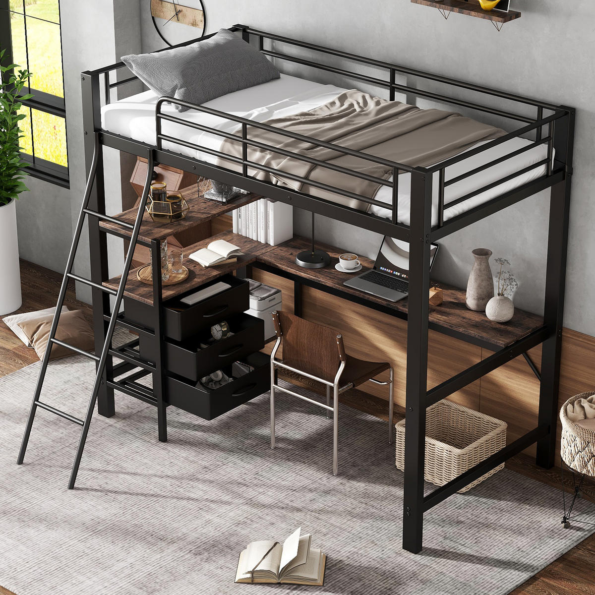 ETAGENBETT 90/200 cm schwarz aus Metall mit Tisch und 3 Schubladen - Schwarz, Metall (90/200cm) - OKWISH