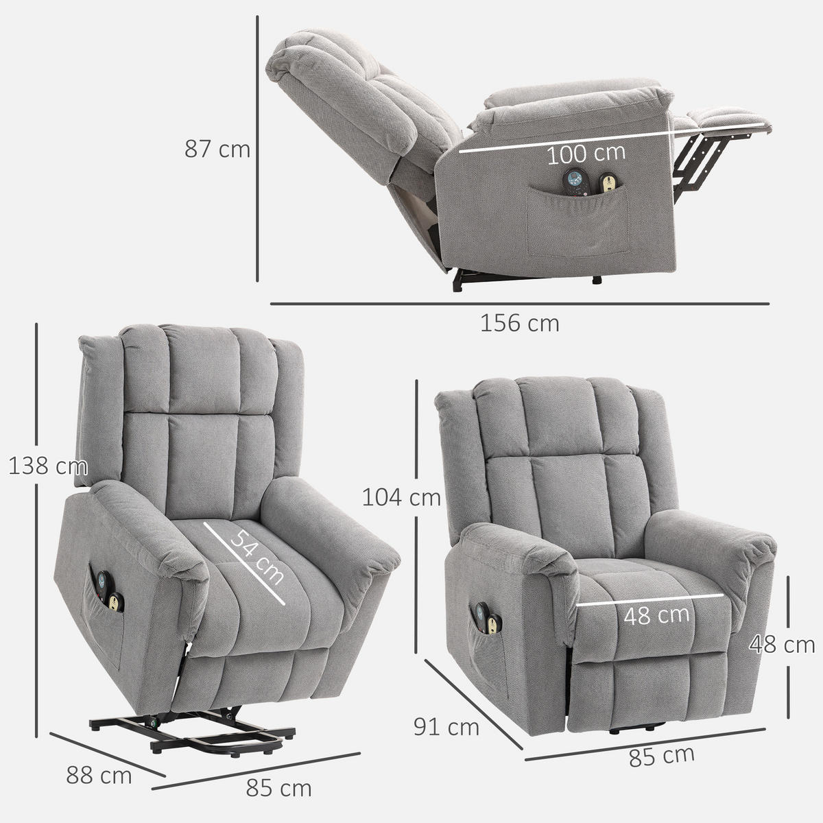 RELAXSESSEL Fernsehsessel Elektrisch Verstellbar Massagesessel mit Aufstehhilfe - Dunkelgrau, Textil (85/104/91cm) - HOMCOM