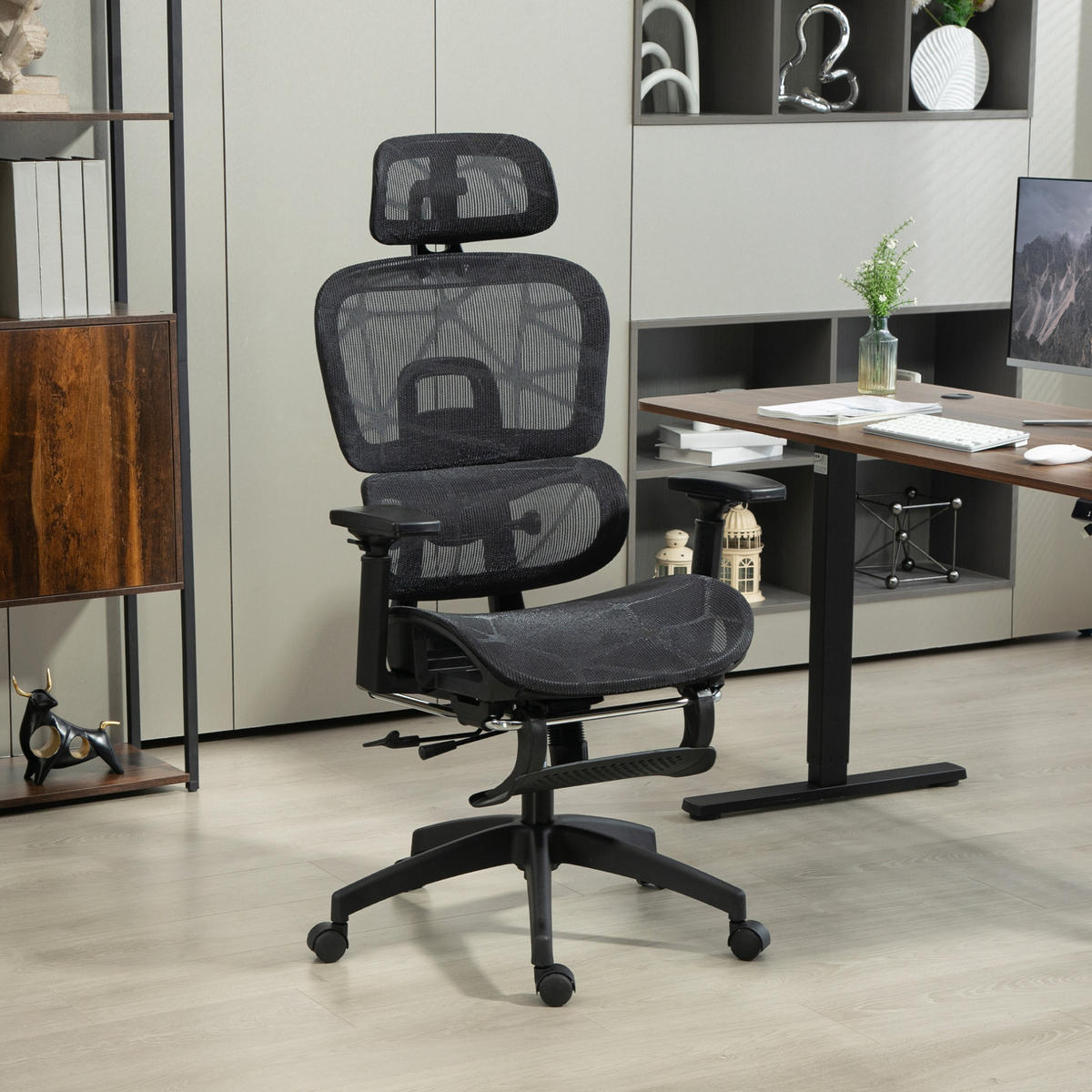 DREHSTUHL 64/66/114-122 cm schwarz aus Polyester mit Liegefunktion - Schwarz, Kunststoff (64/122/66cm) - OKWISH