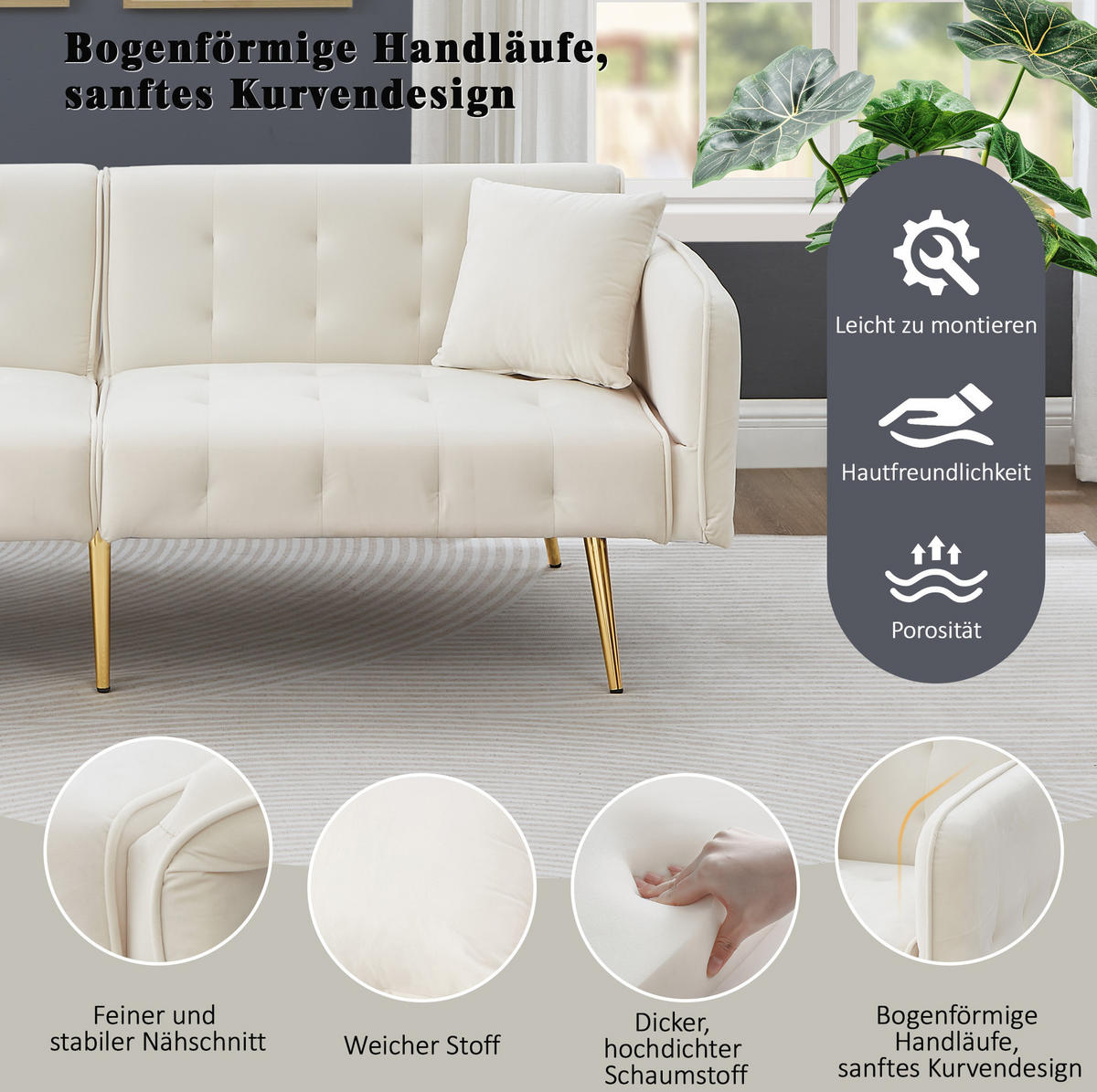 SCHLAFSOFA 81,5/215 cm Liegefläche – mit Veloursbezug und verstellbaren Armlehnen - Weiß, Textil (82/70/178cm) - BEAOK
