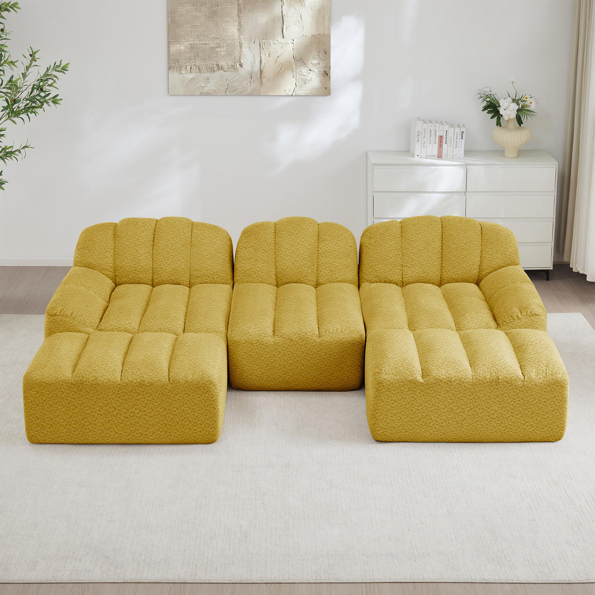 WOHNLANDSCHAFT Gelb 3-Sitzer Modular mit 2 Hockern und Cordstoff - Gelb, Textil (288/79/165cm) - PANGIVO