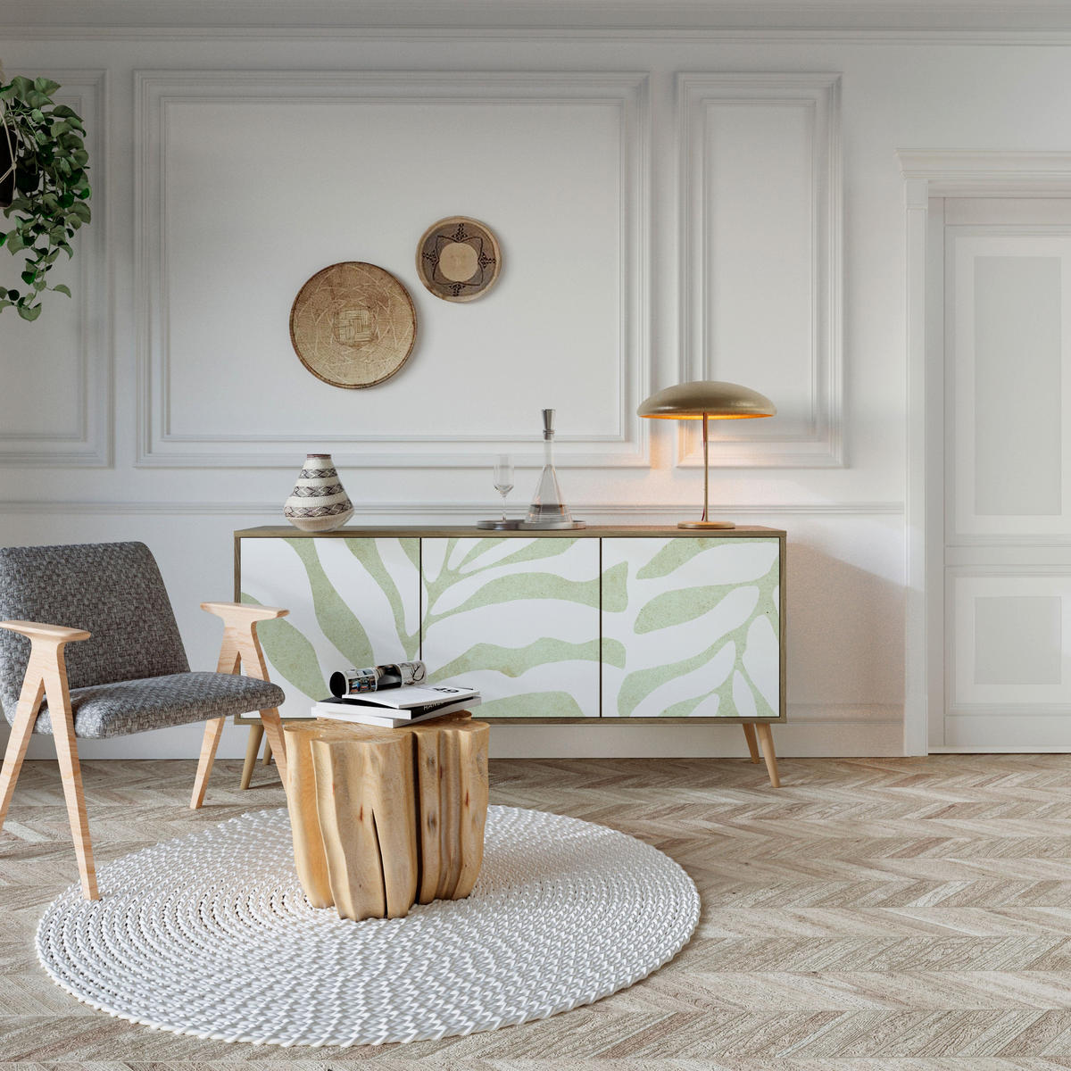 SIDEBOARD BOTANICAL SPARK, Eicheneffekt, 164,5x42x77,5 cm, 3 Türen - Eichefarben/Buchefarben, Holzwerkstoff/Buchenholz (164.5/77.5/42cm) - SpaceRebels