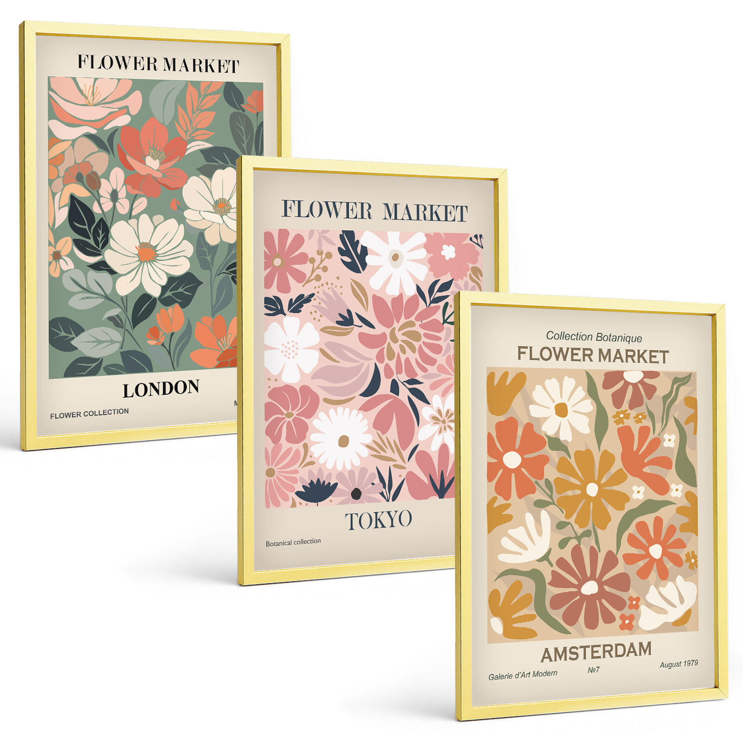 BILDER SET 3er Set - 40x60 cm Goldrahmen - Blumenmuster London Tokio Amsterdam - Goldfarben, Kunststoff (40/60cm) - TULUP