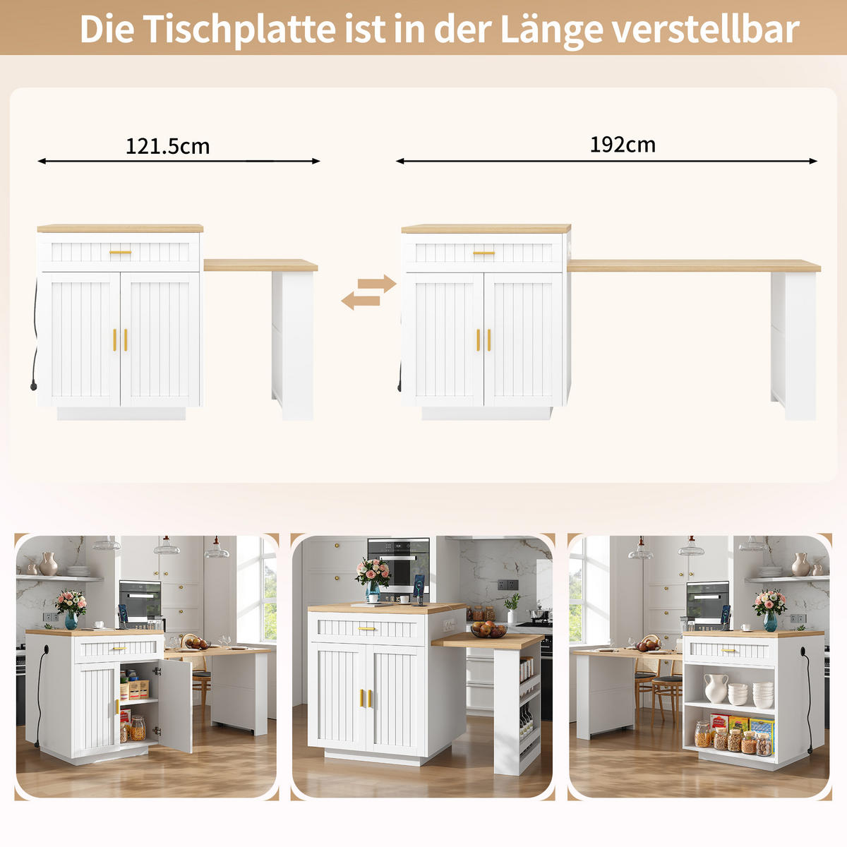 KÜCHENINSEL 121.5-192/70/92 cm Weiß mit integrierter Steckdose und 1 Schublade - Weiß, Holz (70/92/121.5cm) - Oxeza