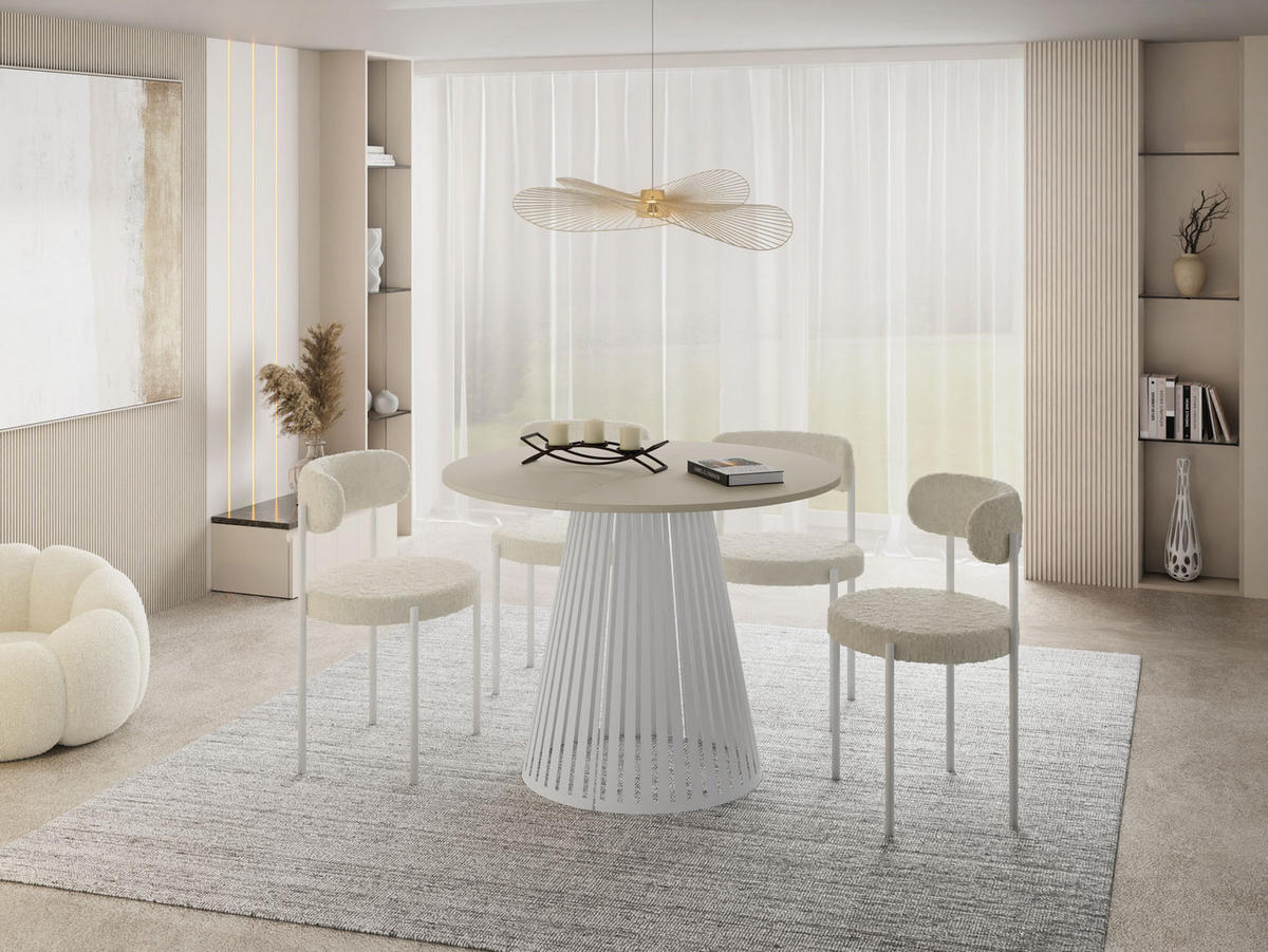 ESSTISCH Naro rund ausziehbar mit Weißem Lamellen-Metallgestell, Beige Cashmere 100-180/100/76 cm - Beige/Weiß, Holzwerkstoff/Metall (100/100/76cm) - WFL GROUP