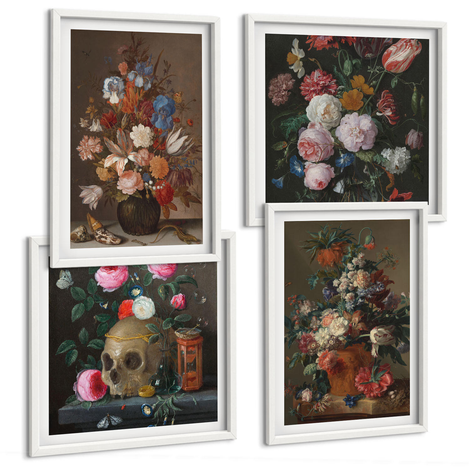 BILDER SET 4er Set - 50x50 cm & 40x60 cm Weißer Rahmen - Blumenarrangements in Vasen - Weiß, Kunststoff (50/50cm) - TULUP